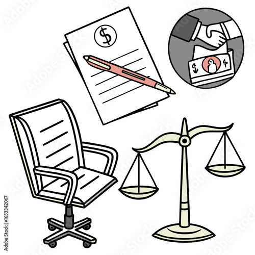 Illustration depicting legal and financial elements including a contract chair and scales of justice on transparent background