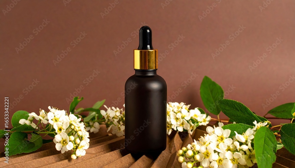 Fototapeta premium Dark bottle with white flowers on brown background
