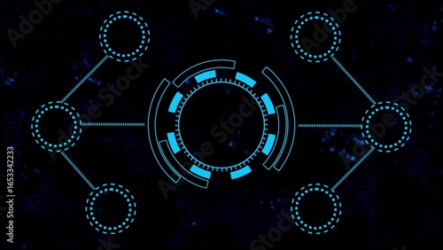 Futuristic Blue Digital Interface with Circular Elements and Connected Nodes on Dark Background technology