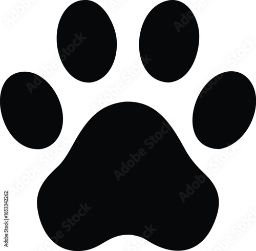 Black silhouette of a dog or cat paw print, representing an animals footstep, isolated on white background