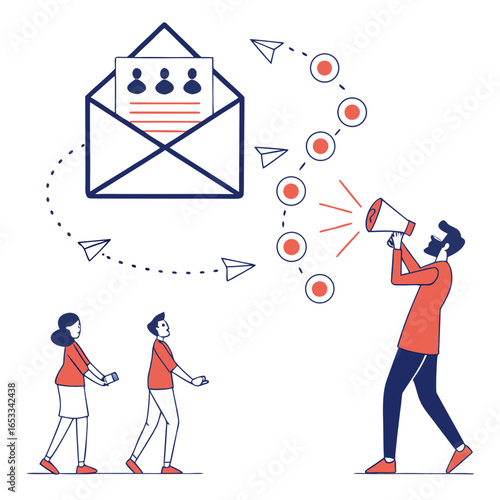 Man with megaphone announcing to people from an email with faces and paper airplanes around it shown on transparent background
