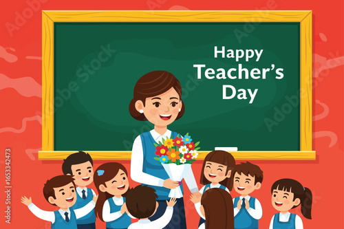 Happy teachers day with students giving flowers to their teacherHappy teachers day with students giving flowers to their teacher