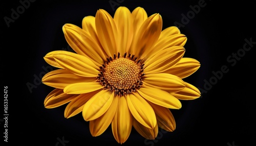 a vibrant yellow daisy flower isolated on black background showing its detailed petals and center