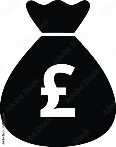 Black icon of a money bag with a pound sterling symbol, isolated on a white background, representing finance and wealth
