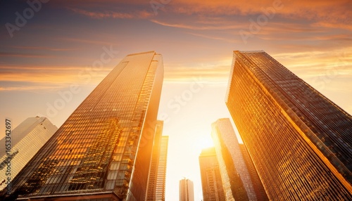 modern city skyscrapers glowing in the golden afternoon light
