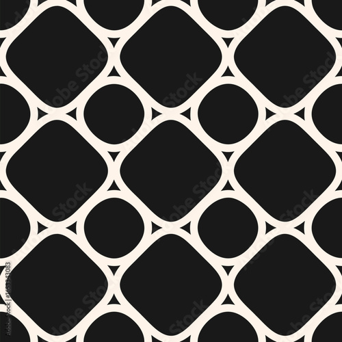 Abstract monochrome geometric seamless pattern with curved shapes, circles, squares, triangles, grid. Simple funky texture. Black and white background. Repeated vector design for decor, print, cover