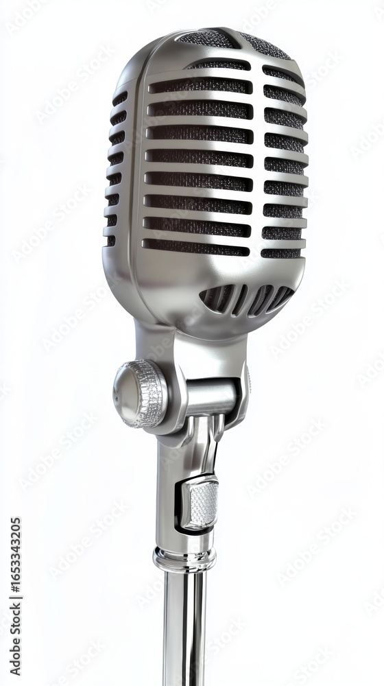 Fototapeta premium Shiny silver karaoke microphone on chrome stand for music events and performances
