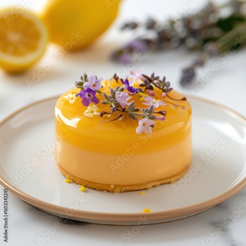 A glossy lemon-glazed pastry, adorned with edible purple flowers, rests on a matte white plate. Fresh lemons and lavender sprigs are softly blurred in the background