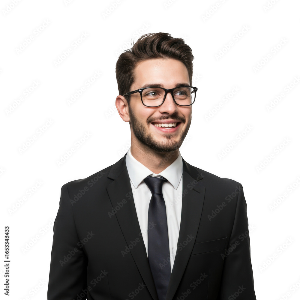 Smiling young businessman wearing glasses and a dark suit with a tie isolated on transparent background Smiling young businessman wearing glasses and a dark suit with a tie isolated on transparent background