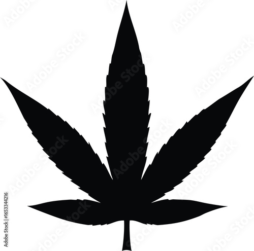 Black silhouette of a cannabis leaf, isolated on white background