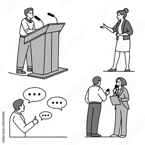 Illustration of a man at a podium giving a speech and other people in various communication scenes on transparent background