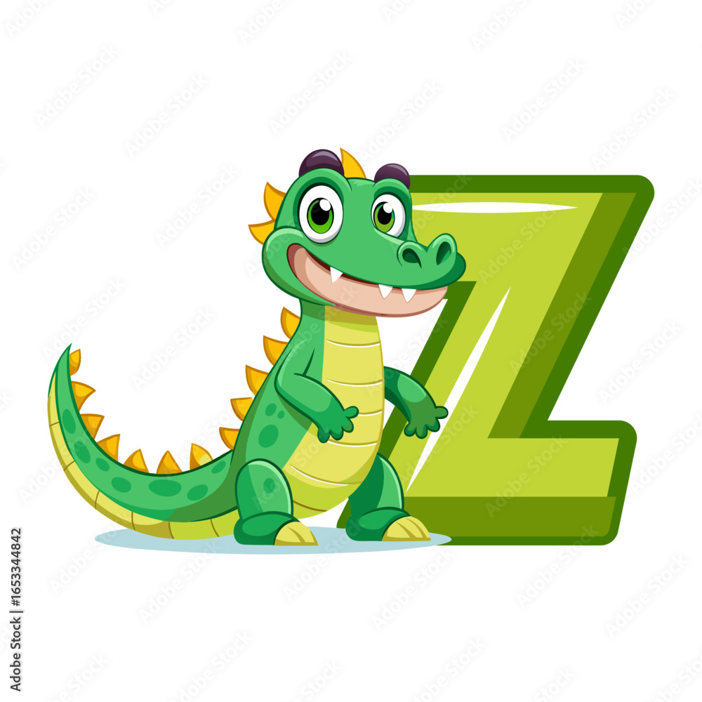 Fototapeta premium Playful alligator character holding giant alphabet Z, fun cartoon animal illustration, educational children book design, nursery wall art vector