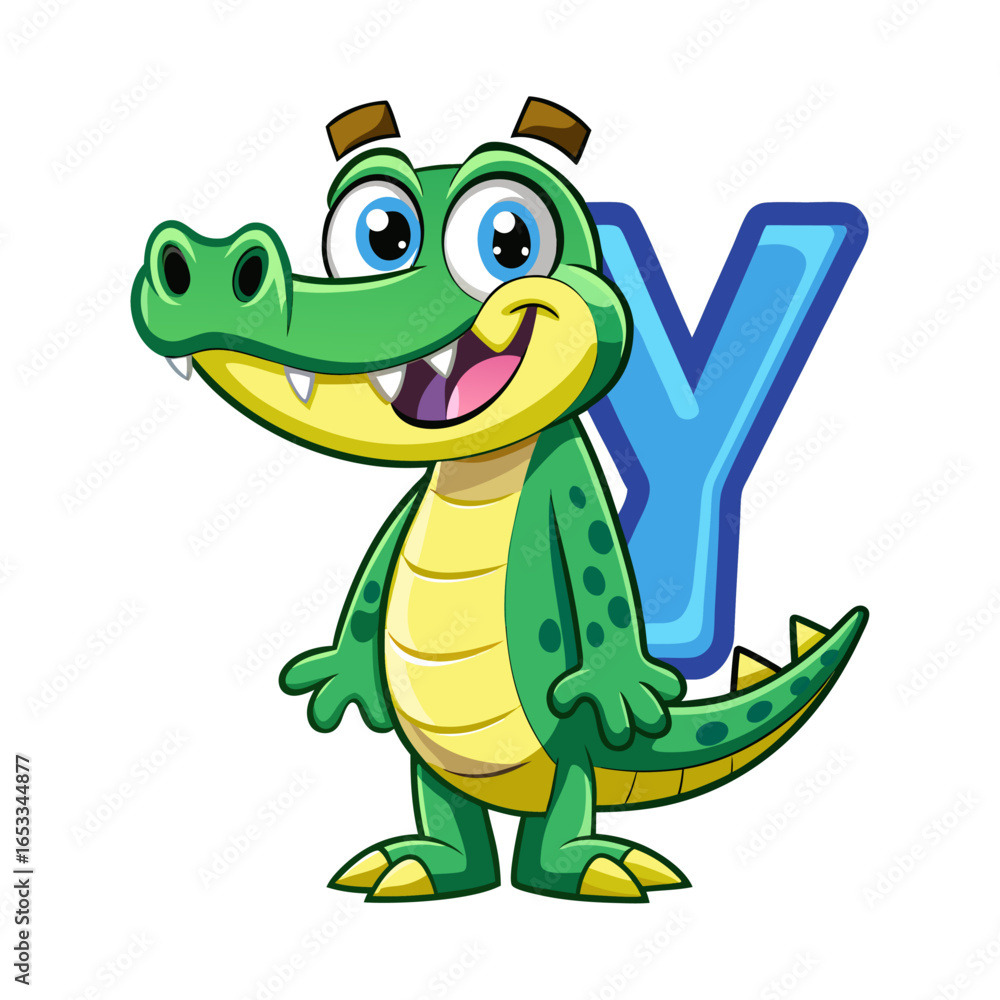 Obraz premium Playful Alligator Character with Big Alphabet Y, Cute Cartoon Animal Illustration for Children Learning Books, Educational Kids Vector Design