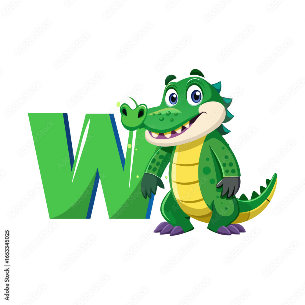 Fototapeta premium Playful Alligator Cartoon Character Holding Big Alphabet W, Fun Kids Learning Illustration, Cute Animal Vector for Children Book Education