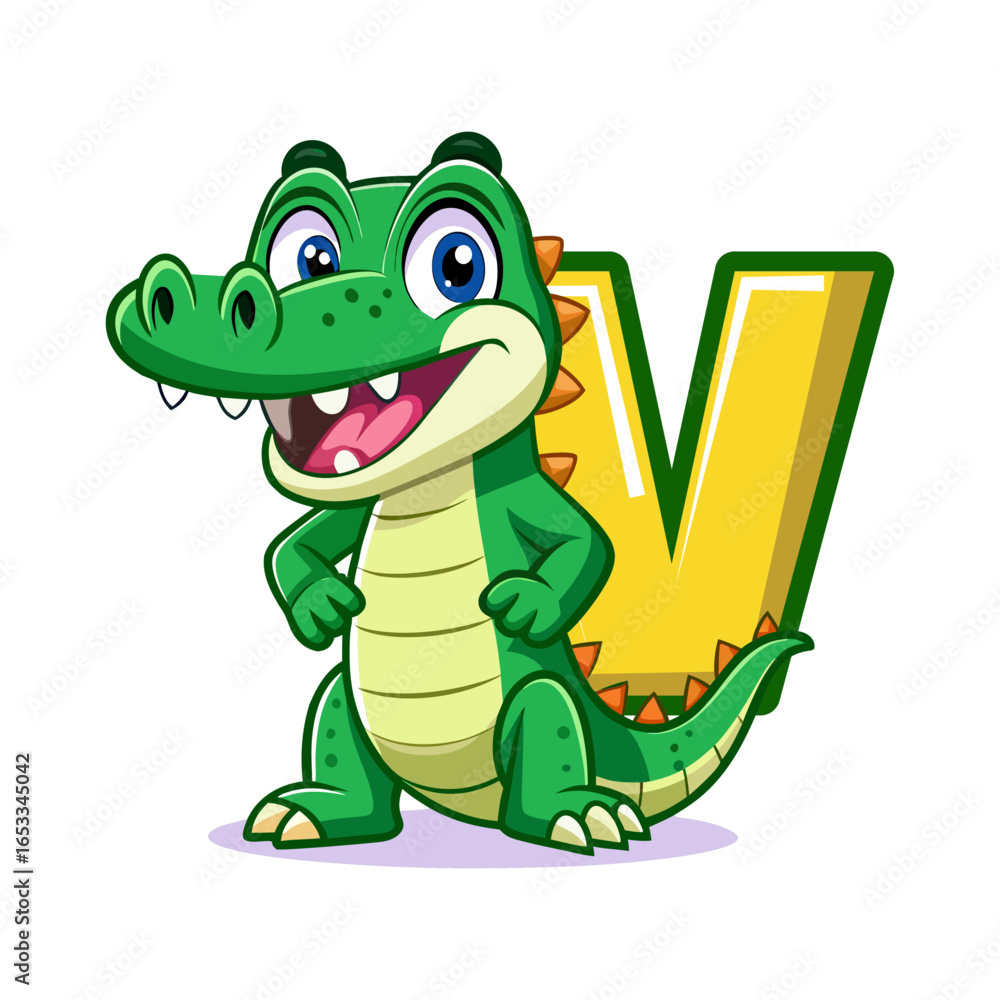 Fototapeta premium Playful alligator character holding giant alphabet V, fun children book illustration, cute cartoon animal design for kids learning alphabet
