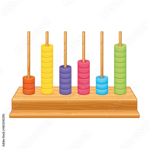 Abacus with Colorful Rings: A traditional abacus with wooden frame showcasing a variety of vibrant colored rings, ideal for visual learning and mathematical concepts.