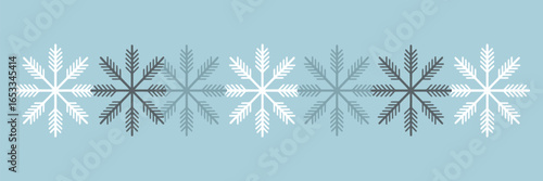 A horizontal pattern of white gray and blue snowflakes on a light blue background in a repeating sequence