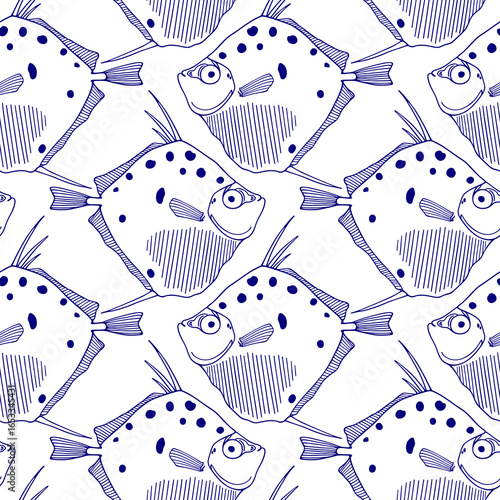 Vector seamless pattern hand drawn illustration of funny fish made in graphic cartoon style. Ink drawing, beautiful design elements. Perfect print for any business related to the fish industry.
