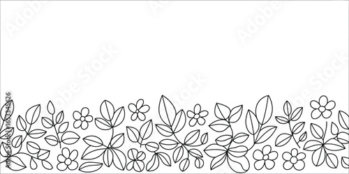 A simple black and white floral border with leaves and flowers on a white background illustration art
