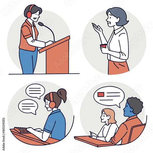 Illustration showing four different scenarios of people communicating and interacting in various settings on transparent background