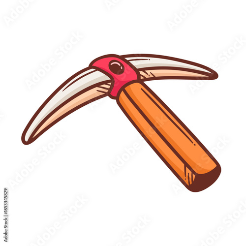Pickaxe Illustration: This cartoon illustration depicts a classic pickaxe, the sturdy tool of construction, with its wooden handle and sharp, curved blades. A symbol of hard work and excavation.