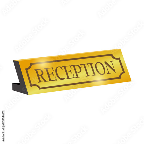 Golden Reception Sign: A gleaming golden sign, proudly displaying the word RECEPTION, sits on a polished surface, ready to welcome guests with elegance and sophistication. 