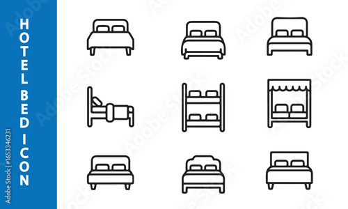 A set of nine line art icons depicting different styles and configurations of beds commonly found in hotels including double  bunk canopy beds