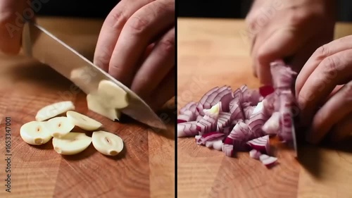 Chopping garlic and red onion on a wooden cutting board