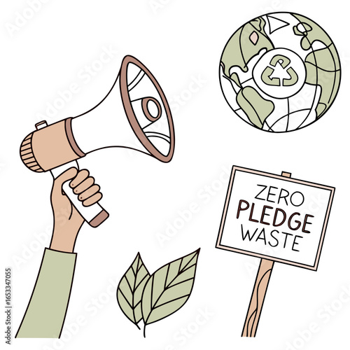 Illustration showing a hand holding a megaphone, earth with recycle sign, sign, and leaves design art on transparent background