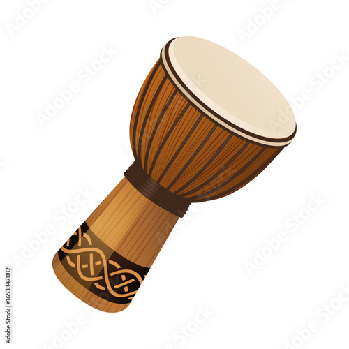 Djembe Drum: A detailed digital illustration of a traditional djembe drum, featuring intricate wood grain and cultural design, ready to bring the rhythm of African music.