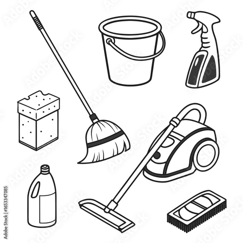 Illustration of cleaning supplies including a mop bucket spray bottle and vacuum cleaner in black and white on transparent background