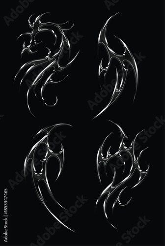 hrome metal of y2k neo tribal sigilism heart tatto. Flame shape in liquid mercury. 3d illustration of abstract neo tribal cyber sigil metallic melted modern burn form, design element. 3D Illustration