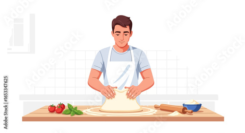 Man preparing pizza dough on a wooden board in the kitchen with ingredients.