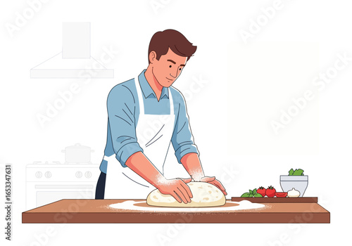 Man kneading dough on a wooden table in a kitchen, preparing food.