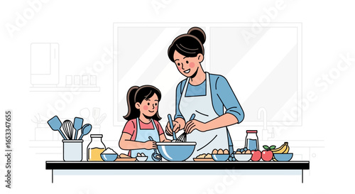 Mother and daughter cooking together in the kitchen, preparing food.