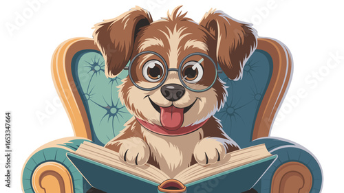 A charming puppy engrossed in reading a book while wearing glasses.