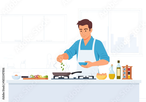 Man cooking vegetables in a pan in the kitchen, preparing a healthy meal.