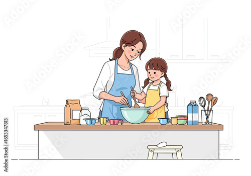 Mother and daughter cooking together in the kitchen, preparing food.