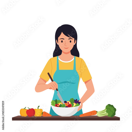 Woman preparing a healthy salad with fresh vegetables in the kitchen.