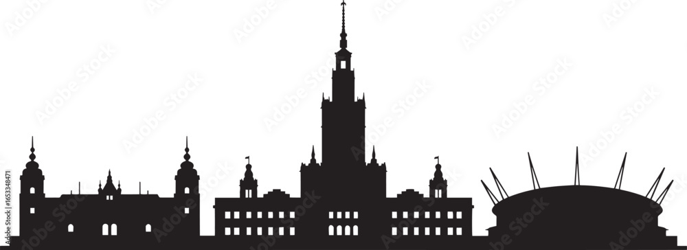 Naklejka premium Warsaw Skyline Silhouette Vector Illustration with Palace of Culture on Transparent Field
