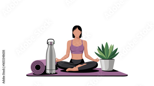 Serene meditation scene with yoga mat and accessories.