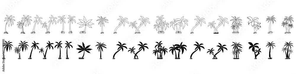Fototapeta premium Coconut palm tree vector icon set. Palm Tree illustration sign collection. Palm symbol or logo.
