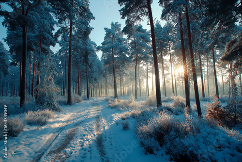 光が差し込む雪道と針葉樹の森