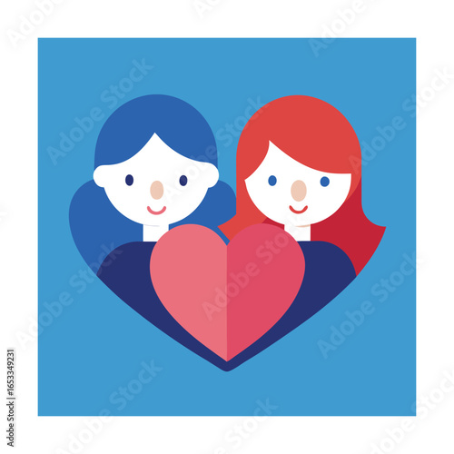 Two women embracing with a heart symbol love couple