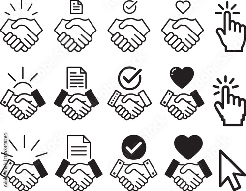 Handshake agreement checkmark heart cursor icons contract