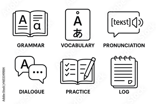 Language learning icons: grammar, vocabulary, and pronunciation tools