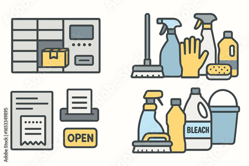 Cleaning supplies and package locker icons with hygiene equipment and open sign