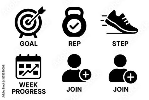 Fitness icons collection: goal, rep, step, progress, join symbols