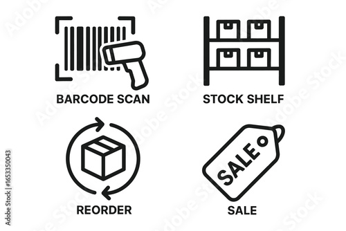Barcode scanner and retail icons: stock shelf, reorder, sale tag illustrations