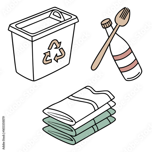 A cartoon style image showing a recycle bin, a bottle with a fork, and a stack of folded towels neatly on transparent background